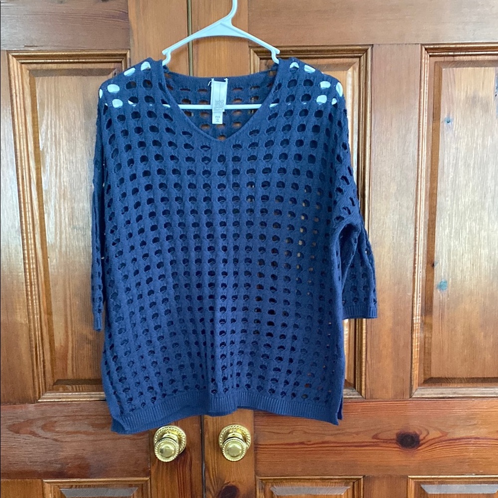 MarlaWynne Navy V-Neck Sweater Open Weave Relaxed Fit